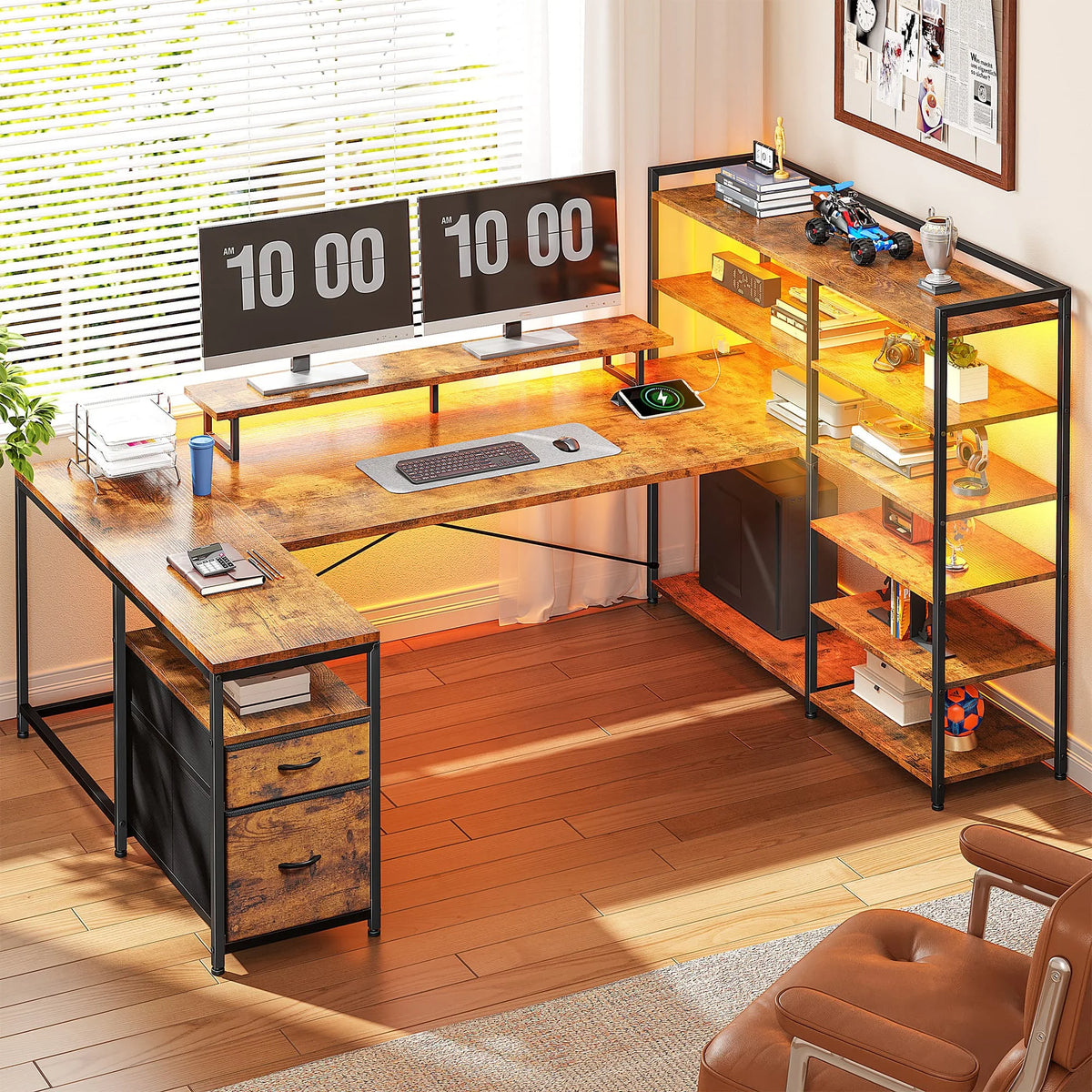 Computer Desk with 6 Storage Shelves & Fabric Drawers 63"L Shaped Gaming Desk with Power Outlet, LED Strip & Monitor Stand
