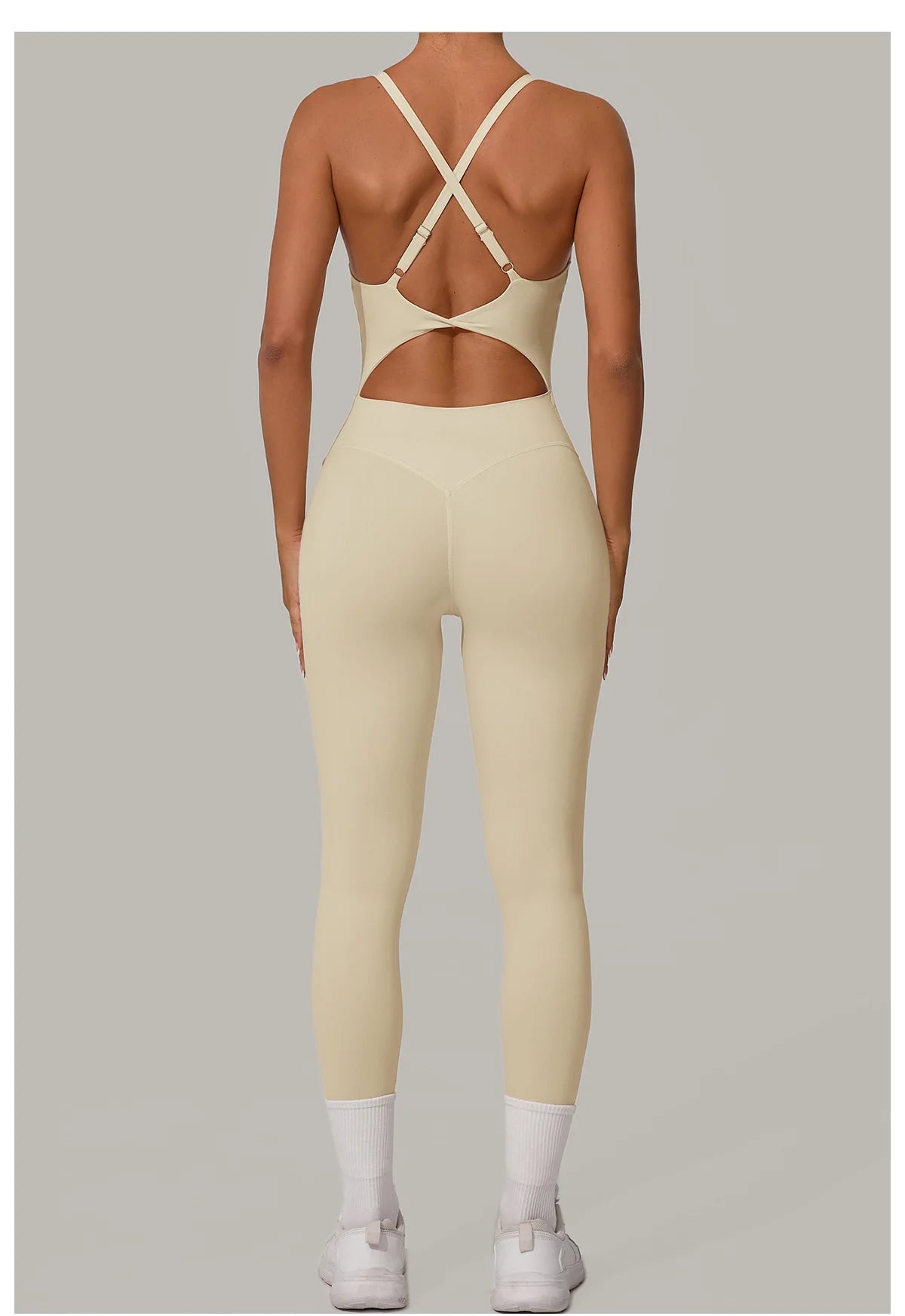 New Nylon Pad V-Neck Wrap Yoga Bodysuit - Adjustable Hook Tummy Control Butt Lift Workout Jumpsuit