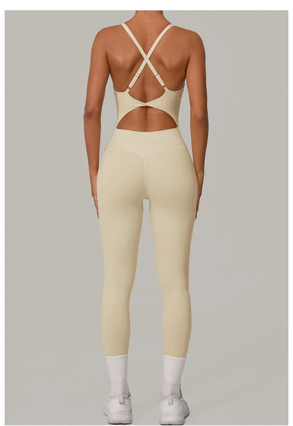 New Nylon Pad V-Neck Wrap Yoga Bodysuit - Adjustable Hook Tummy Control Butt Lift Workout Jumpsuit