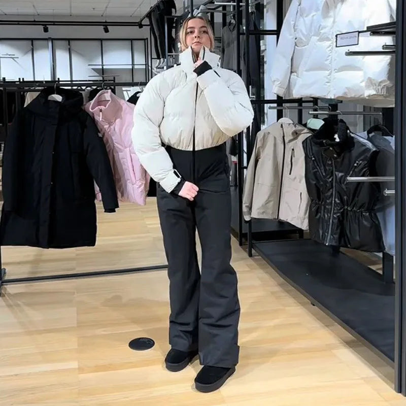 Casual Fur-Trimmed Hooded Ski Suit Women Fashion Belted Slim Full Sleeve Warm Jumpsuits Female 2026 Winter Snow Bodysuit Lady