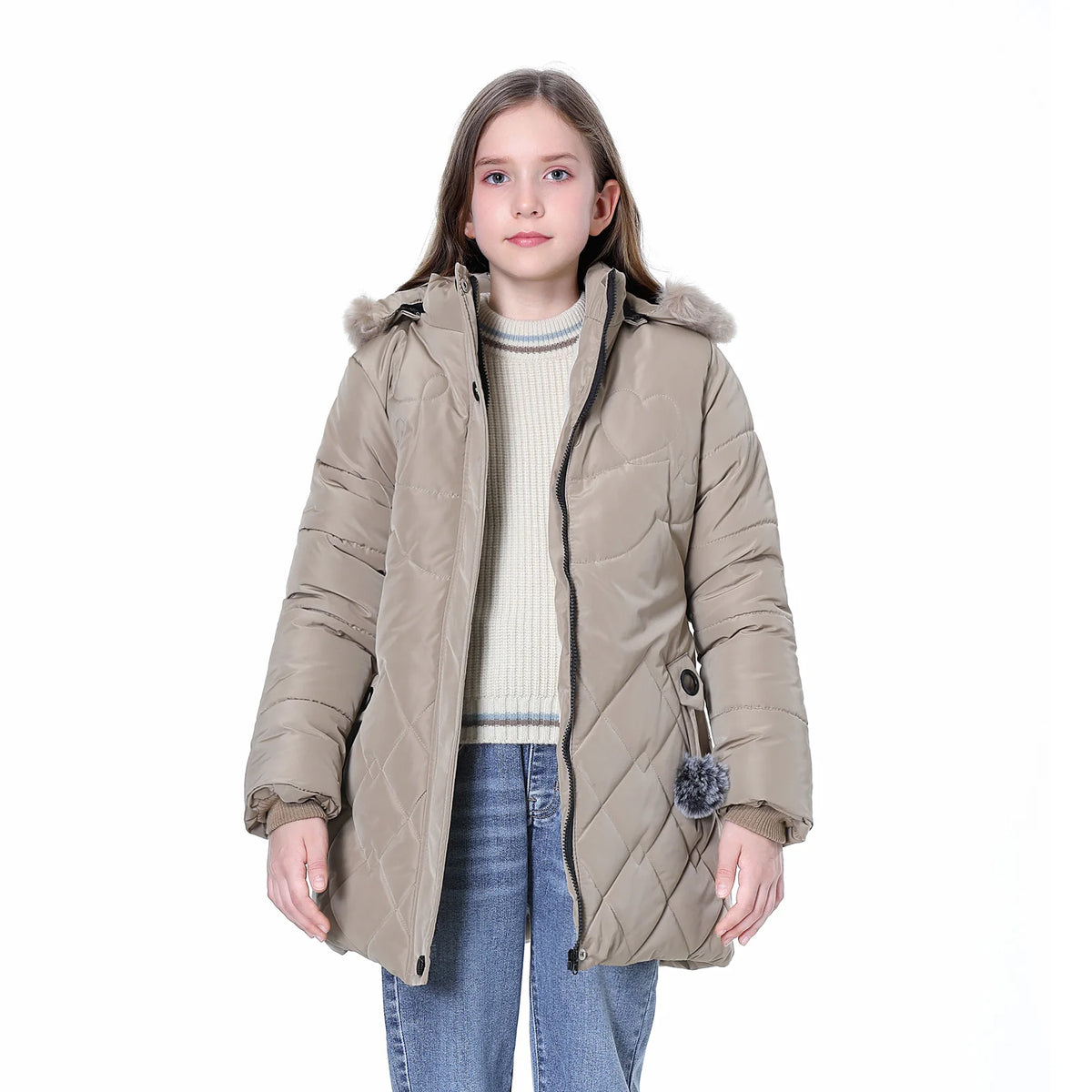 Winter Girls Jacket,Warm Thick Cotton Coat,Fashion Fur Hooded Children's Outerwear,Hairballs Zipper Elastic Waistband Coats