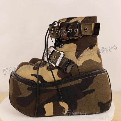 Belt Buckle Ankle Boot Platform Lace-Up Mixed Color Fashion Luxury Elegant Concise Sexy Novelty Shoes Round Toe Thick Bottom New