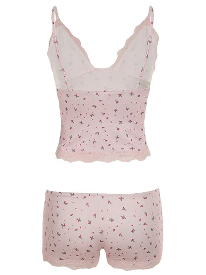Summer Two-piece Pajamas Set for Women Sleepwear  Floral Lace Pink Sleeveless Camisoles and Slim Shorts Loungewear