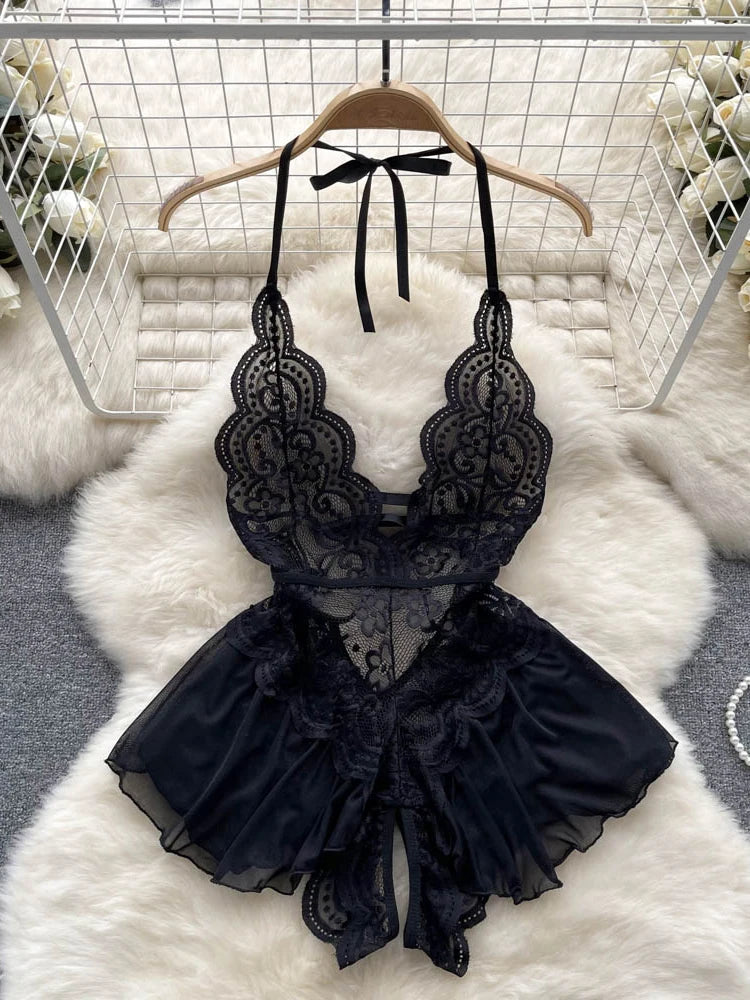Coquette Lace Lingerie Set Sexy Mesh Bodysuit Valentines Day Sleepwear Gothic Strappy Catsuit Intimate Nightwear Romper