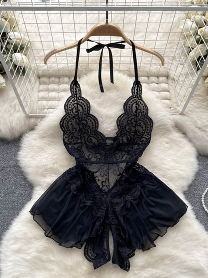 Coquette Lace Lingerie Set Sexy Mesh Bodysuit Valentines Day Sleepwear Gothic Strappy Catsuit Intimate Nightwear Romper