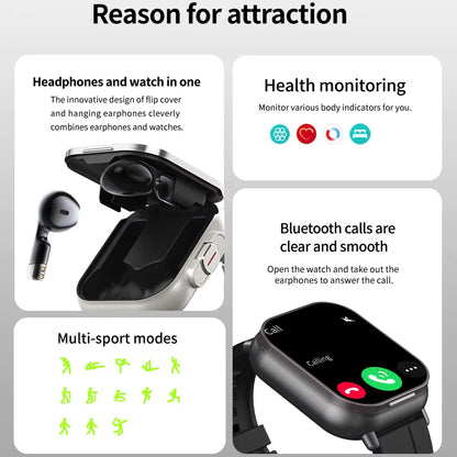BT Call Blue Tooth Headphones Watches 2.01" Headset 2 in 1 Smart Watch Heart Rate Sport Fitness Bracelet TWS Earphone Smartwatch