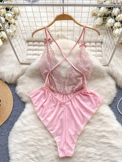 Women Floral Lace Mesh Strappy Bodysuit Fashion Hollow Sexy Comfortable Catsuit One Piece Tights Transparent Onesie