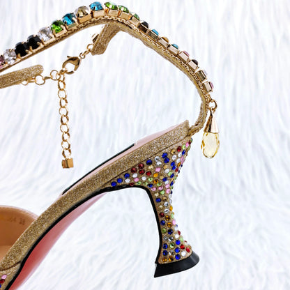 QSGFC New Gold Glitter Fabric Pointed Toe High Heels With A Variety Of Shapes Of Rhinestones Fashion Party Ladies Shoes And Bag