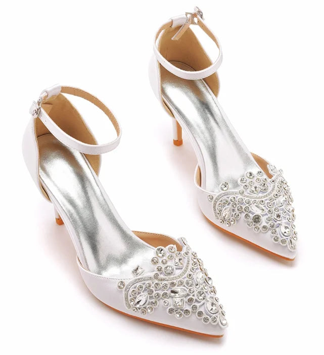 XIHAHA Woman High Heels New Pointed Artificial Diamond Metal Buckle Party Carnival Women's Shoe Satin Girls Banquet Dance Shoes