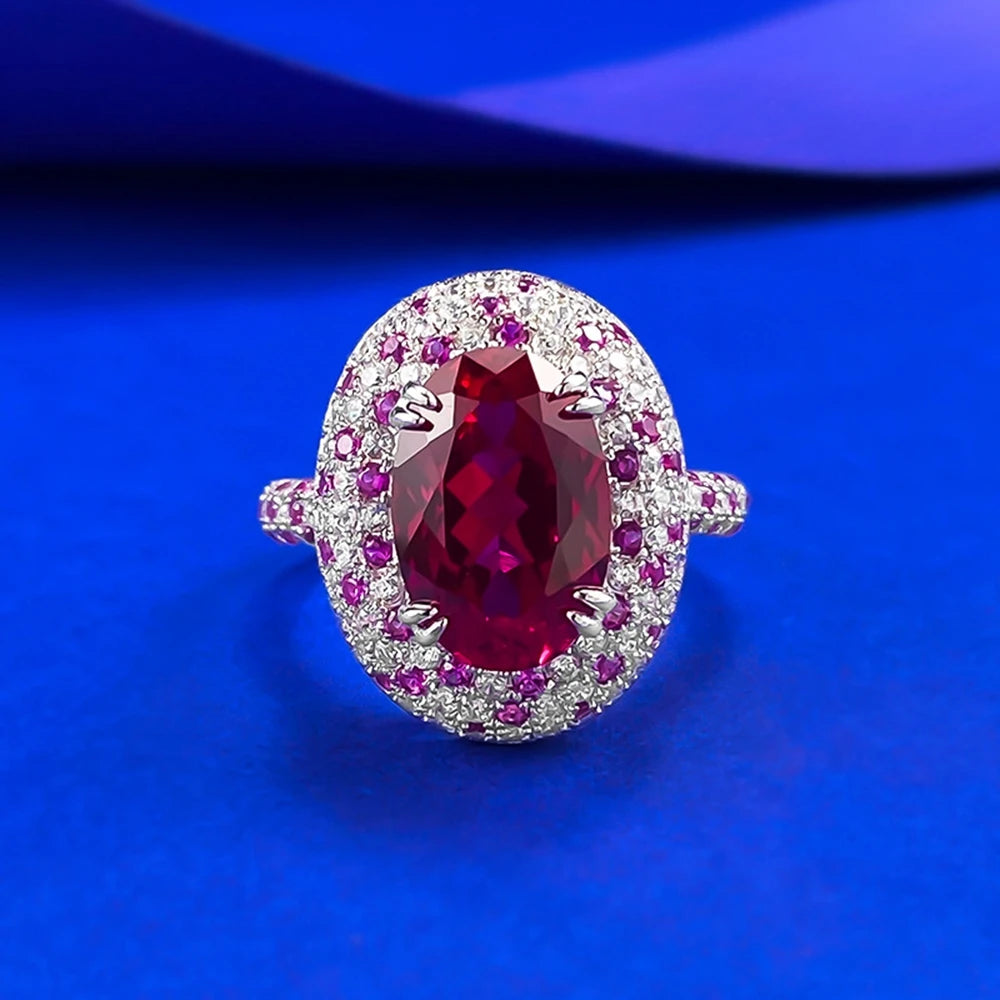Wong Rain Luxury 925 Sterling Silver Oval Cut 8*12 MM Ruby High Carbon Diamond Gems Ring for Women Fine Jewelry Anniversary Gift
