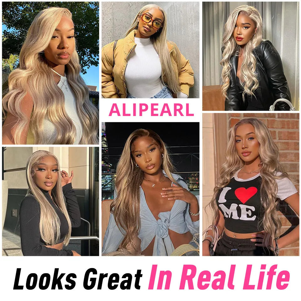 Ali Pearl Highlight P18/613 Lace Front Wig Human Hair Ombre Blonde Body Wave Transparent Lace Clousre Wigs Pre-Plucked for Women