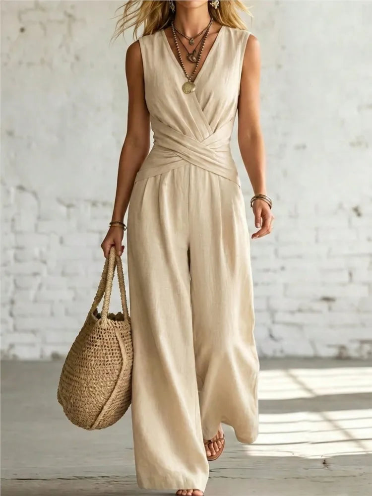Fashion Light Blue Wide Leg Pants Jumpsuit Women's V-neck Sleeveless Cross Wrap Waist Design Rompers Summer Casual Jumpsuits