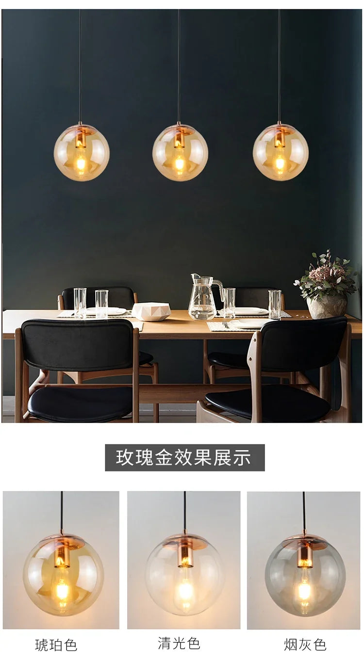 Modern Simple Glass Chandelier Bar Counter Restaurant Gold Hanging Lights Silver Metal Amber Ashtray Ball Glass Suspension Lamp