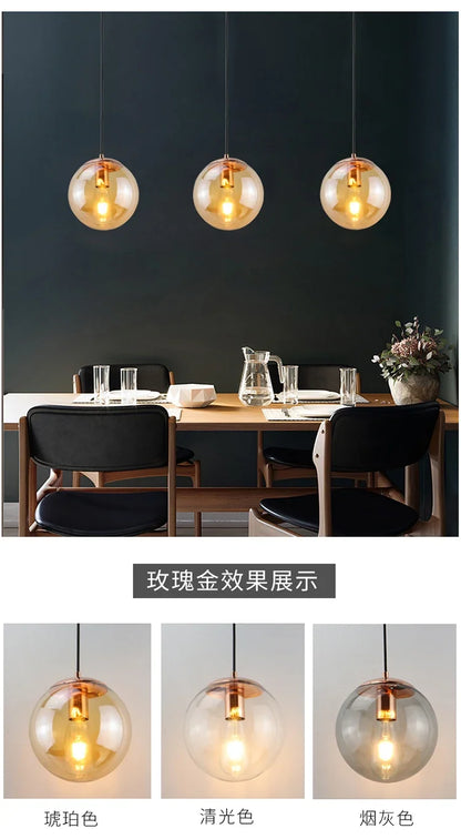 Modern Simple Glass Chandelier Bar Counter Restaurant Gold Hanging Lights Silver Metal Amber Ashtray Ball Glass Suspension Lamp