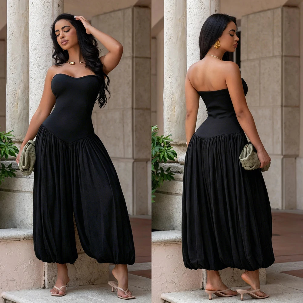Summer Patchwork Cute and Sweet Pink Strapless Jumpsuits Midi Pants One Piece Rompers Slim Fit Women Ruched Party Jumpsuit