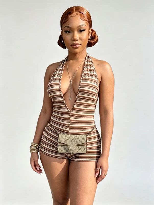 Summer Cute Baddies Romper Women Clothes Streetwear Halter Deep V-Neck Backless One Piece Striped Knit Ribbed Bodycon Jumpsuits