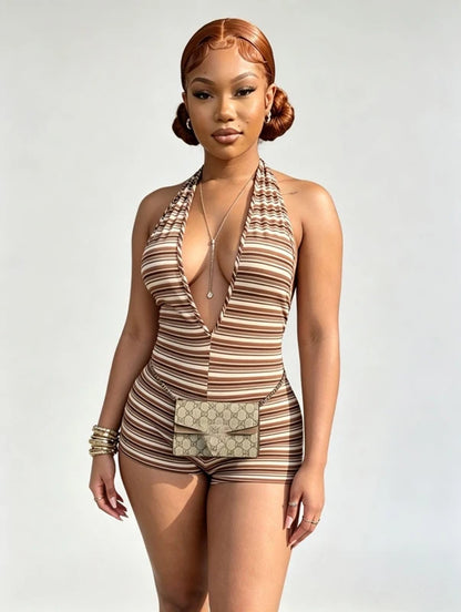 Summer Cute Baddies Romper Women Clothes Streetwear Halter Deep V-Neck Backless One Piece Striped Knit Ribbed Bodycon Jumpsuits