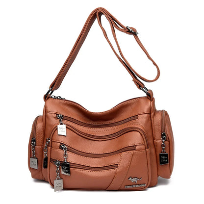 Many Pockets Women Leather Top-handle Bag Luxury Designer Female Shoulder Messenger Shopper Bags Brand Ladies Crossbody Handbags