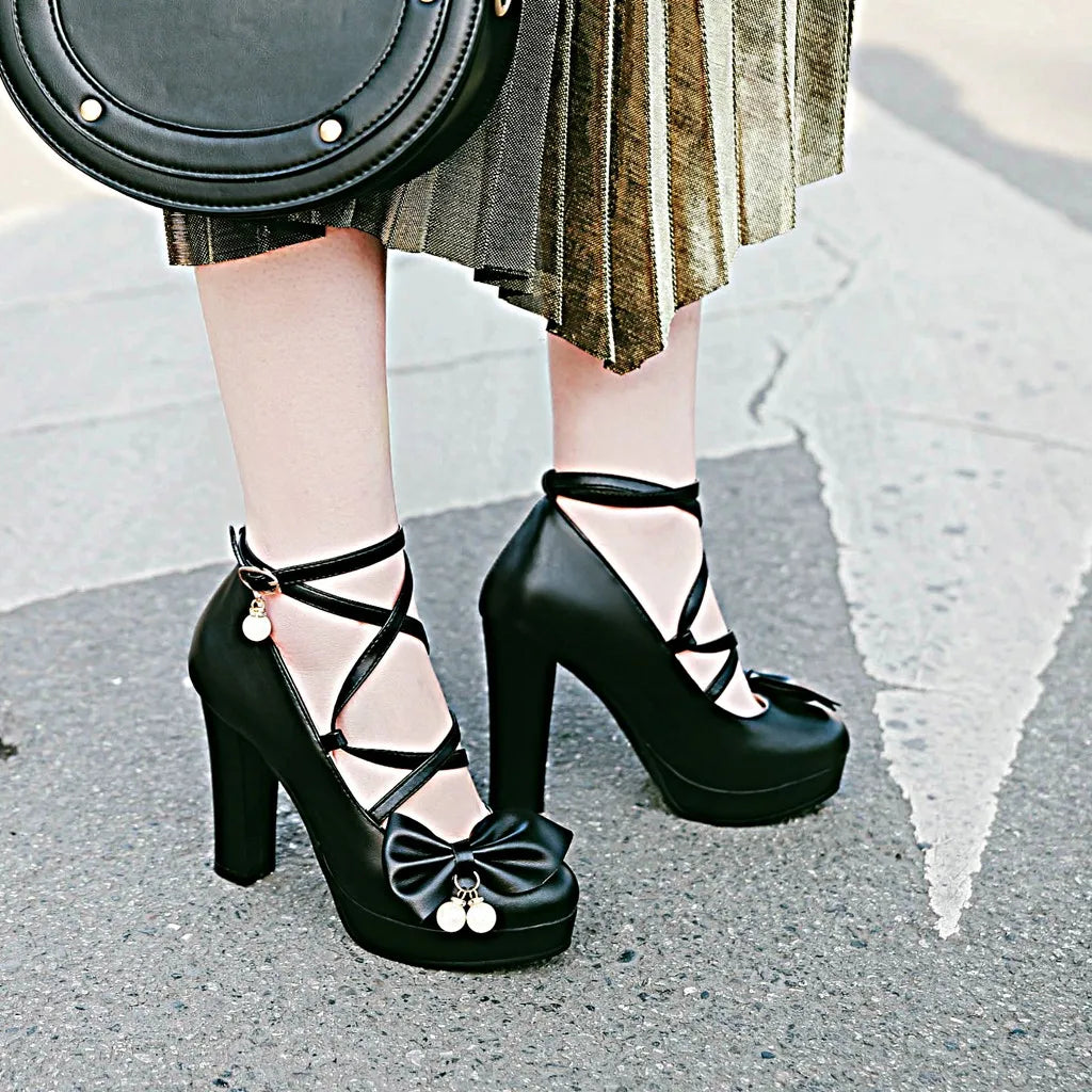 Women Pumps Wedding Shoes Mary Jane Party Ankle Strap Pumps Platform Ladies Shoes Thick Heeled Black Beige Working Shoes