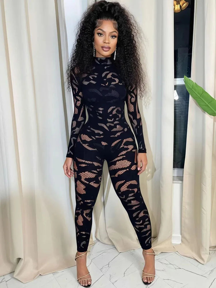 Doyerl Black Sexy Rave Outfit Woman Jumpsuits Long Sleeve Hollow Out Mesh Skinny Club Party Bodycon Rompers One Pieces Overalls