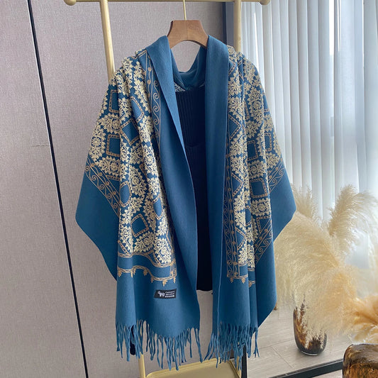 2025 Autumn Winter Warm Scarf Women Luxury Embroider Flower Bufanda Big Size Scarves Imitation Cashmere Poncho Female Pashmina