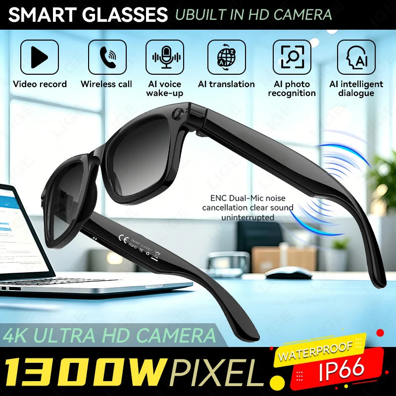 13MP HD Camera Smart Glasses AI Translation Anti-shake Photography Video Recording WIFI Transmission Bluetooth Sports Sunglasses