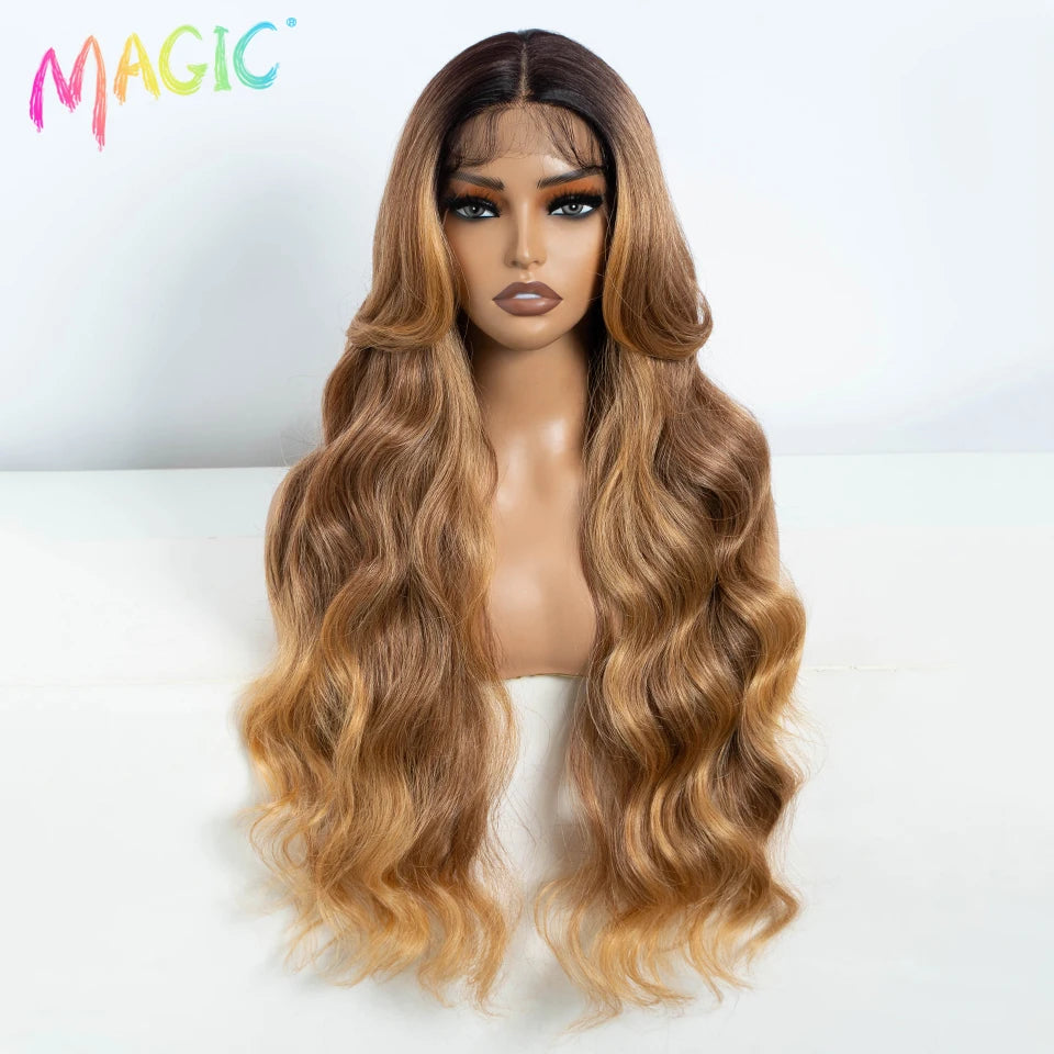 Magic Synthetic Lace Front Wigs For Women 30" Long Body Wave Lace Wig Ombre Blonde Highlight Cosplay Wigs Heat Resistant