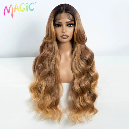 Magic Synthetic Lace Front Wigs For Women 30" Long Body Wave Lace Wig Ombre Blonde Highlight Cosplay Wigs Heat Resistant