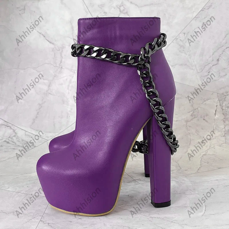 Ahhlsion New Women Winter Ankle Boots Platform Chunky Heels Chain Round Toe Pretty Blue Party Shoes Ladies US Plus Size 5-20