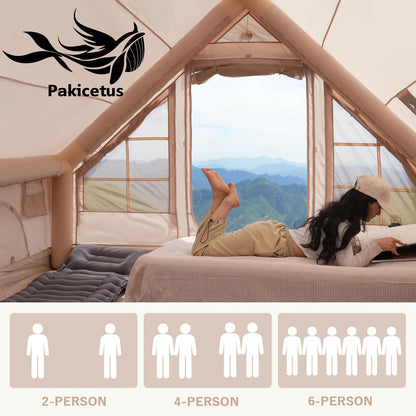 PAKICETUS Large Luxury Inflatable Glamping Tent with Manual Hand Pump, Easy Setup 4 Season Anti-Snow Spacious Family Shelter, Weatherproof Air Tent for Outdoor Camping, Backyard Party & Wilderness Adventure