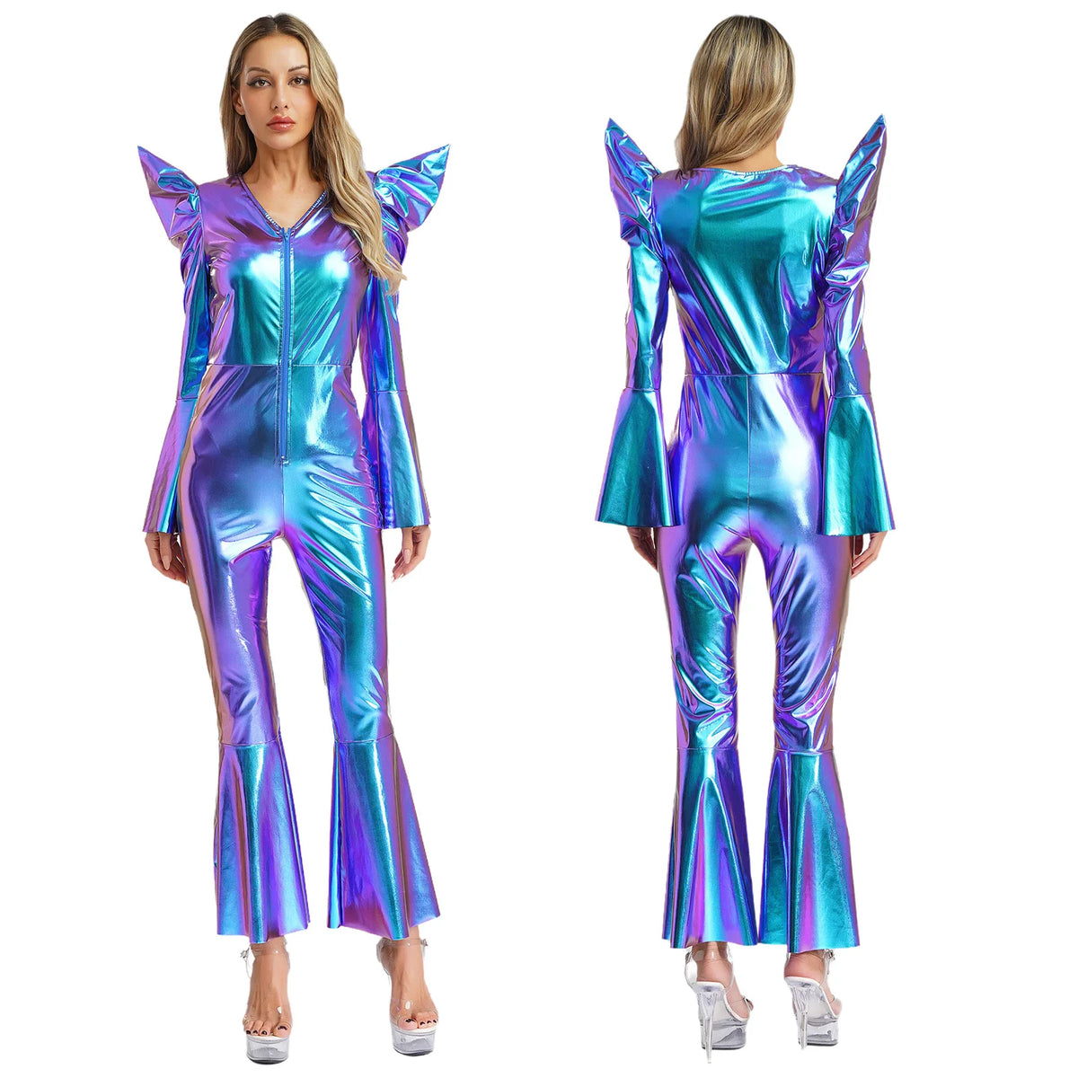 Women Vintage One Piece 70s Disco Dance Rompers Sleeveless Metallic Bell Bottom Flared Pants Jumpsuit for Retro Party Jazz Dance