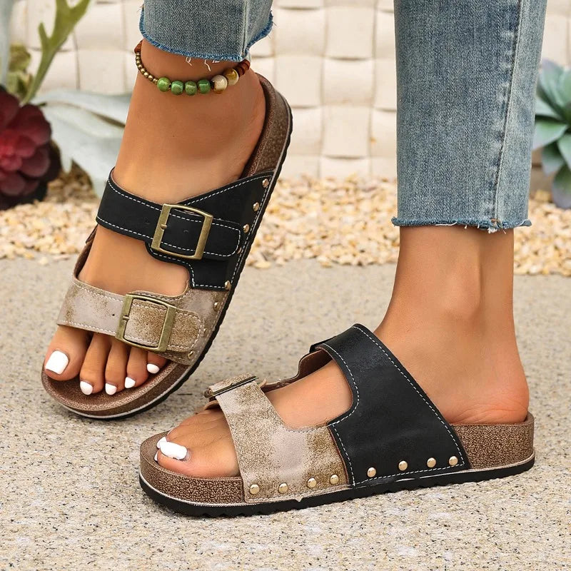 Women's Luxury Metal Buckle Decorated Slippers New Retro Thick-Soled Casual Shoes Summer Outdoor Vacation Beach Slippers Size43