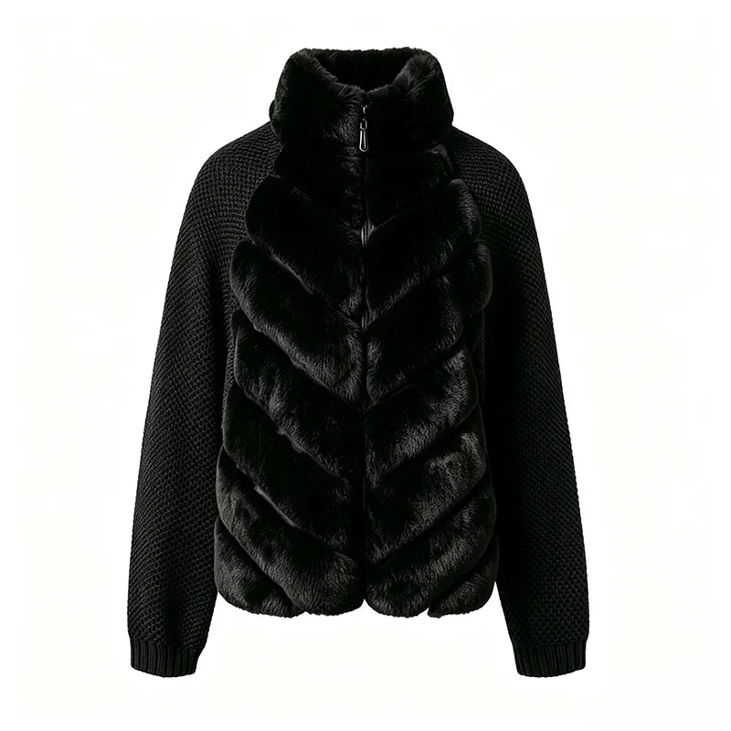 Knit Long Sleeve Faux Fur Patchwork Jacket Coat Women Zipper 20256Winter Fashion Warm Female Cardigans Commute Lady Outwear Tops
