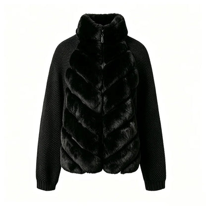 Knit Long Sleeve Faux Fur Patchwork Jacket Coat Women Zipper 20256Winter Fashion Warm Female Cardigans Commute Lady Outwear Tops