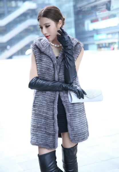 winter ladies fur vest genuine mink fur knitted warm outerwear with hood and belt  80cm long gray black autumn waistcoat