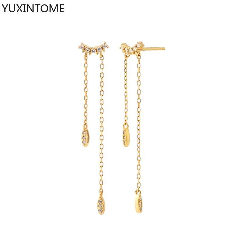 925 Sterling Silver Needle Long Chain Stud Earrings For Women Exquisite Zircon Geometric Tassel Pendant Earrings Luxury Jewelry