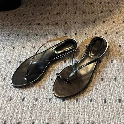 Women's Minimalist Thin Strap Sandals 2026 New Summer Flip Flops Elegant Clip Toe Flat Slides Casual Beach Shoes for Ladies