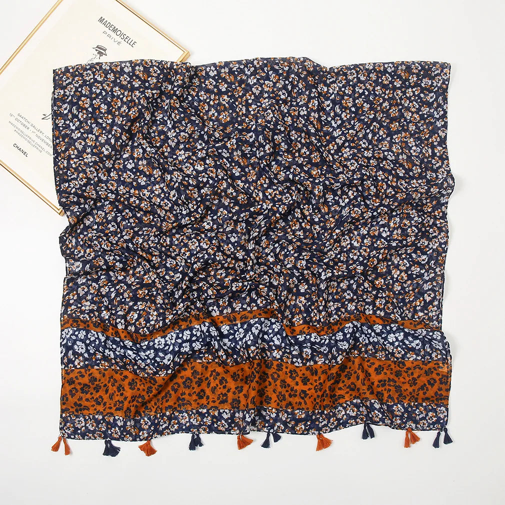 2025 Japanese Boho Linen Scarf: Vintage Floral Print Patchwork Shawl - Sun Protection Fringe Wrap Women