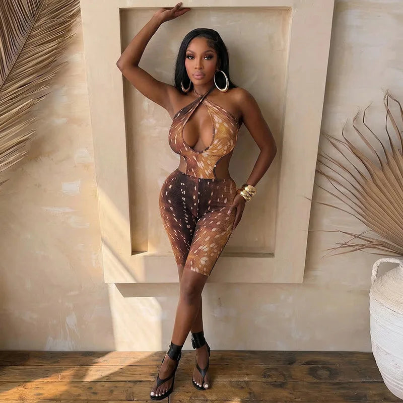 FAGADOER Deer Print Sexy Hollow Out Romper Hot Girl Bandage Halter Shorts Backless Bodycon Jumpsuits New Trendy Streetwear