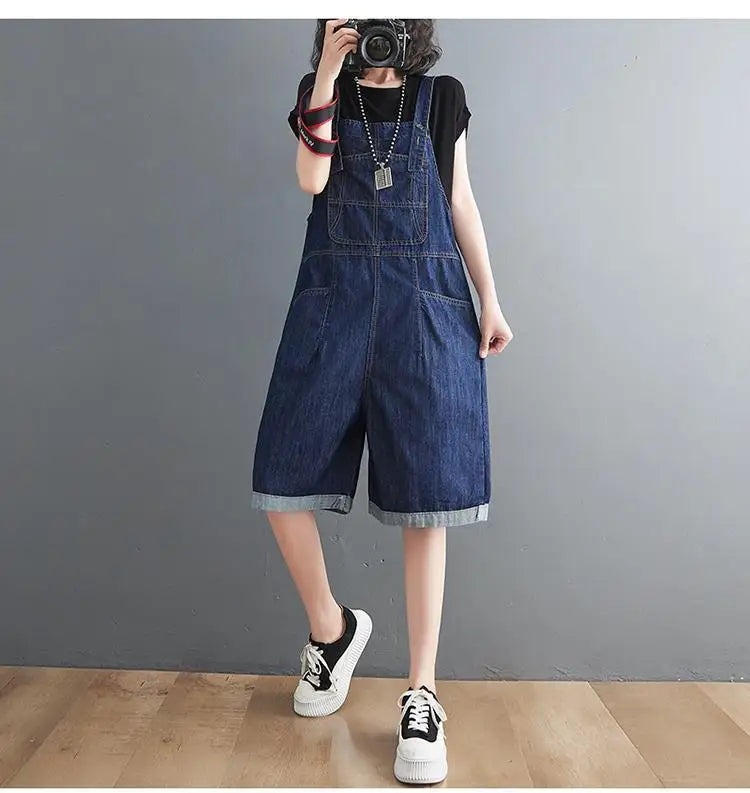 Summer Denim Straps Shorts Jeans Overalls Women Korean Wide Leg Jumpsuits Female Suspender Rompers Casual Conjoined Fifth Pants