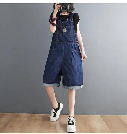 Summer Denim Straps Shorts Jeans Overalls Women Korean Wide Leg Jumpsuits Female Suspender Rompers Casual Conjoined Fifth Pants
