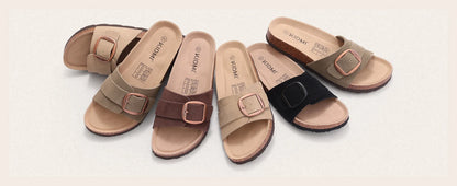 Bebealy Women's Suede Slippers With Arch Sypport Comfortable Cork Foobed Sandals Summer Beach Slides Lady Genuine Clogs Slippers
