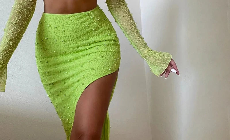 Luxury Y2k Bodycon Sexy Two-piece Set Skirt Sets Sequins Pearls Women Outfits Evening Party Gowns Chic Dresses Short Suits White