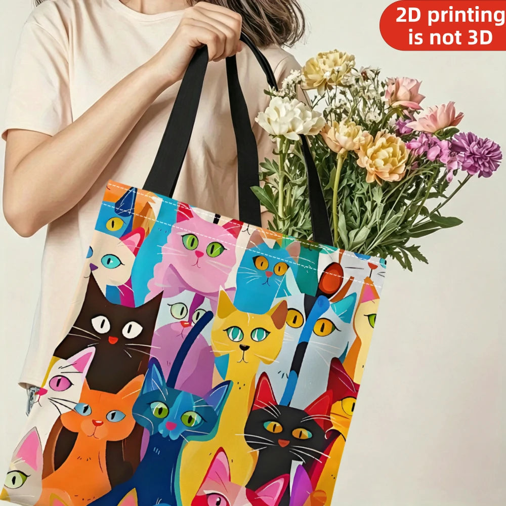 Colorful Kitten Printed Casual Handbag, Reusable Fashionable Backpack, Multifunctional Handbag, Printed Shopping Bag 40x40cm