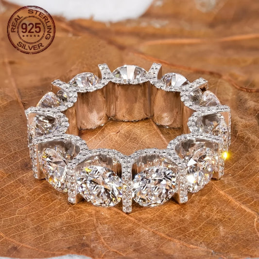 Luxury 925 Silver Rings For Women 6.50MM Round Lab Grown Diamond Zircon Wedding Band U Prong Micro Pave Full Eternity Jewelry