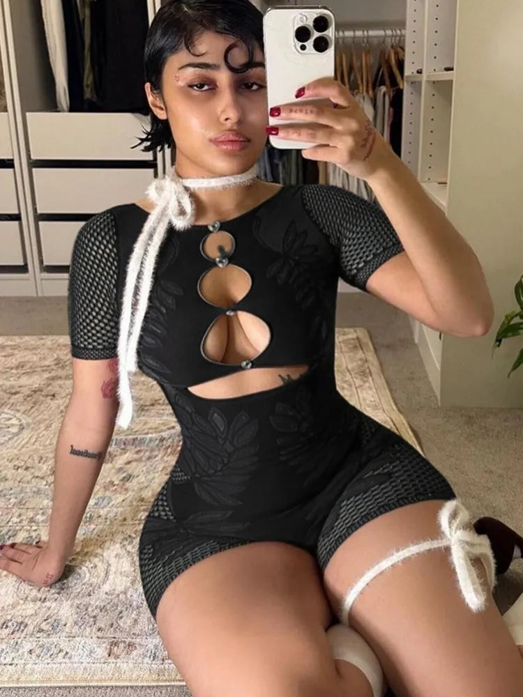 Sexy Club Women Hollow Out Style Rompers Playsuits Bodysuit Short Sleeve Streetwear Overalls Top Suit Summer Autumn Jumpsuit
