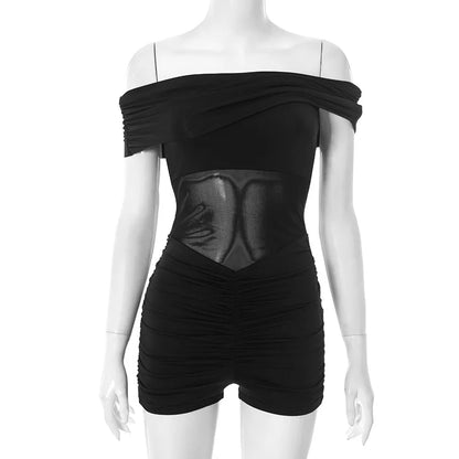 ANJAMANOR Splicing Mesh See Through Black Sexy Off Shoulder Romper Jumpsuit Woman Clothing Clubwear New Arrivals 2025 D85-BG19