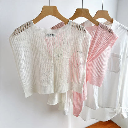 Women Plain Solid Lace Hollow Out Shawls Summer Air Conditioning Fake Collar Neck Guard Knit Thin Knotted Cape Shoulder Scarves