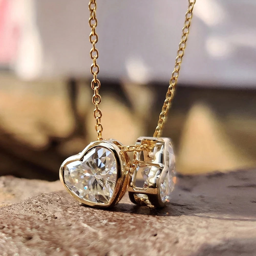 1CT 2CT Heart Shaped Moissanite Pendant Necklace for Women Two Stone Bezel Set Lab Diamond S925 Silver Daily Wear Jewelry Gifts
