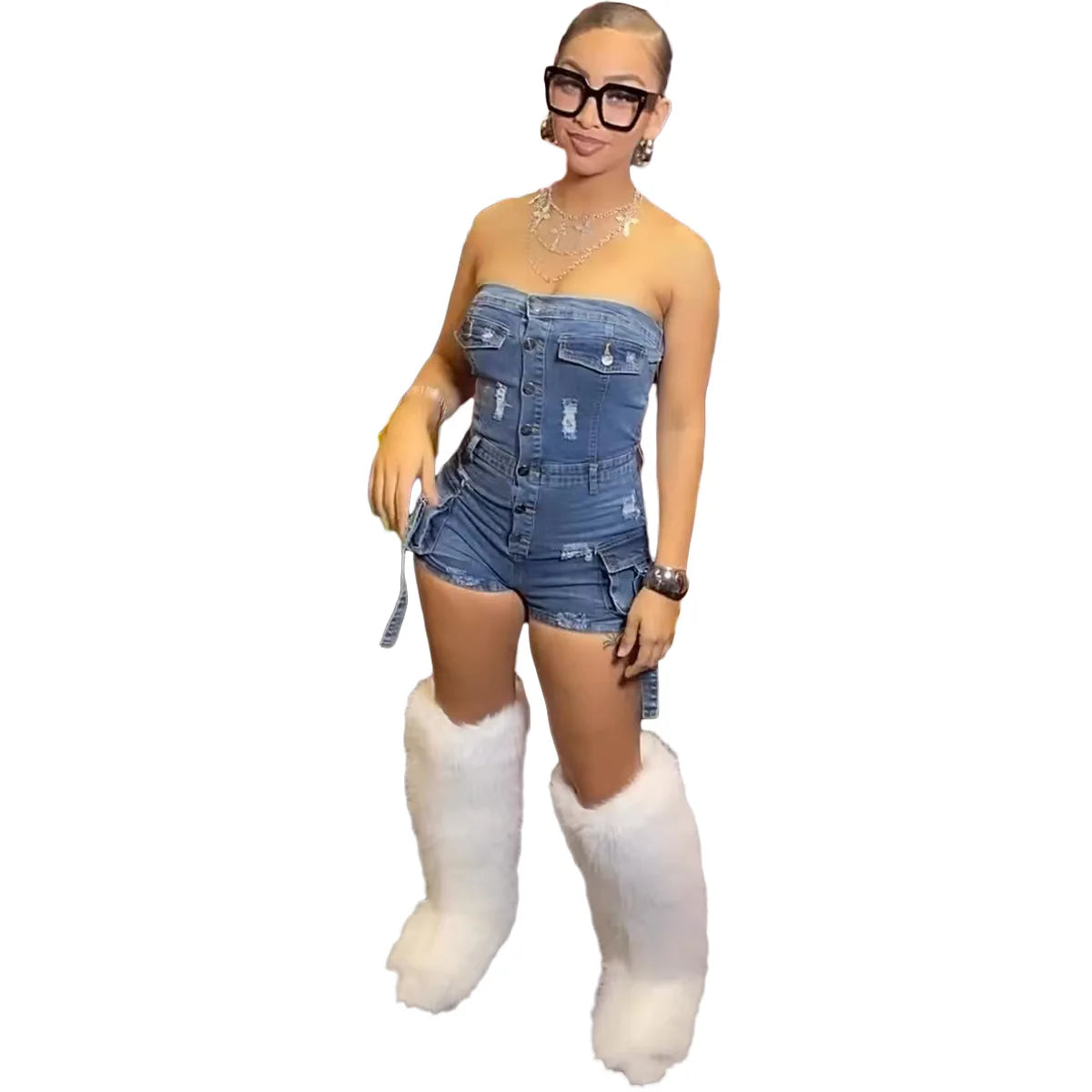 Jumpsuits Women Denim One Piece Jeans Shorts Summer 2025 Short Pants Strapless Backless Hole Washed Distressed Streetwear